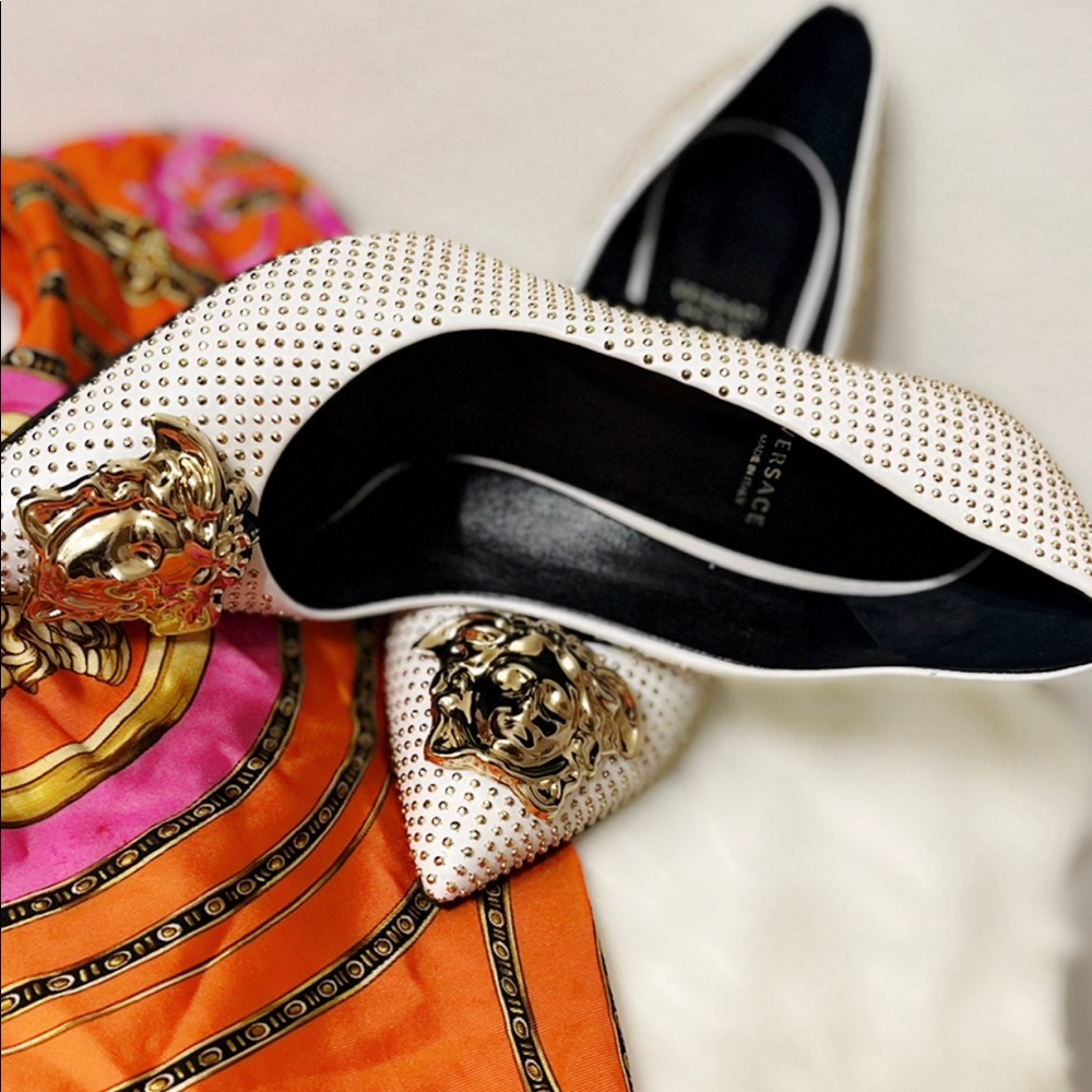 Versace pumps white with gold beading .